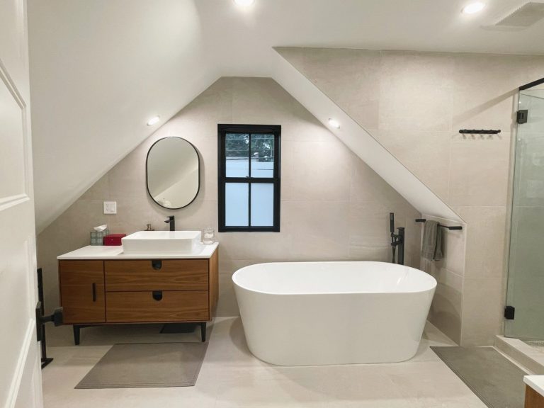 White Tub with Walnut Vanity